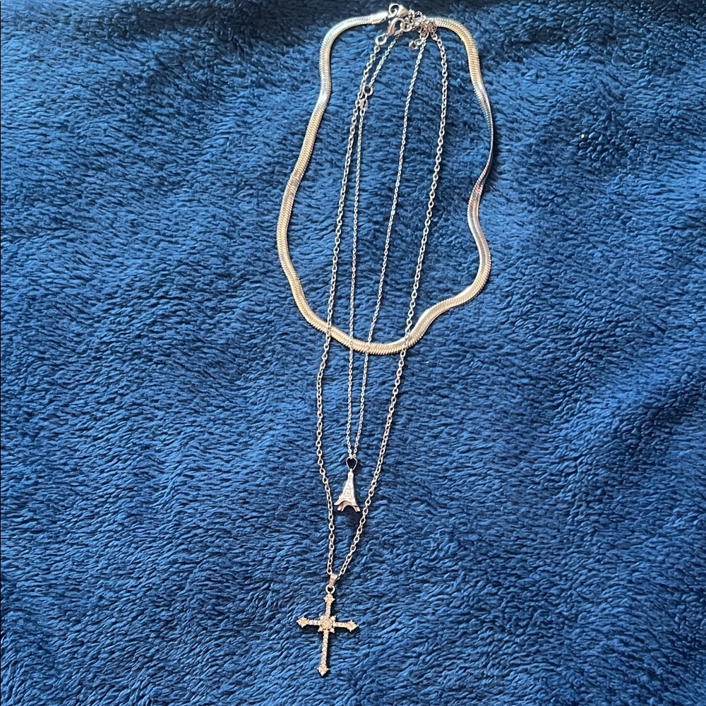 Silver Necklace Bundle with Eiffel Tower and Cross Necklaces